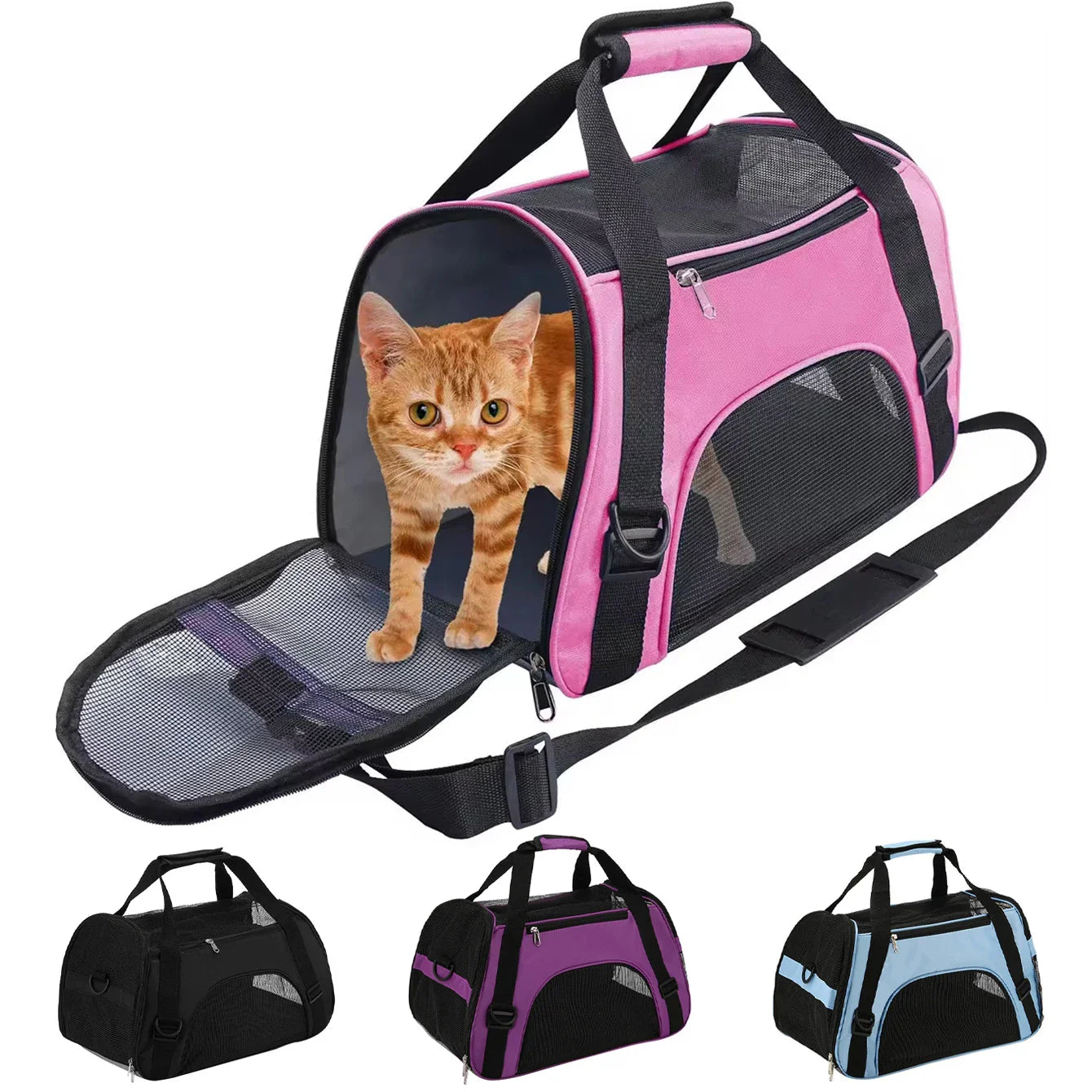 Katze schaut aus Pinker Reisetasche mit Gitter