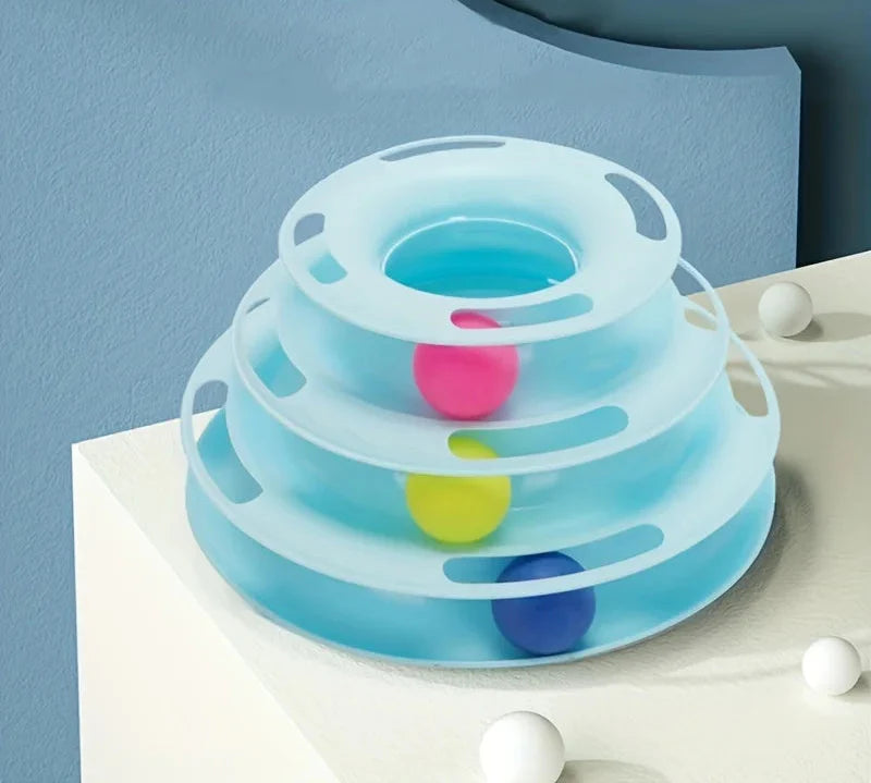 Katzenspielzeug in Blau mit beweglichen Bällen auf 3 Ebenen