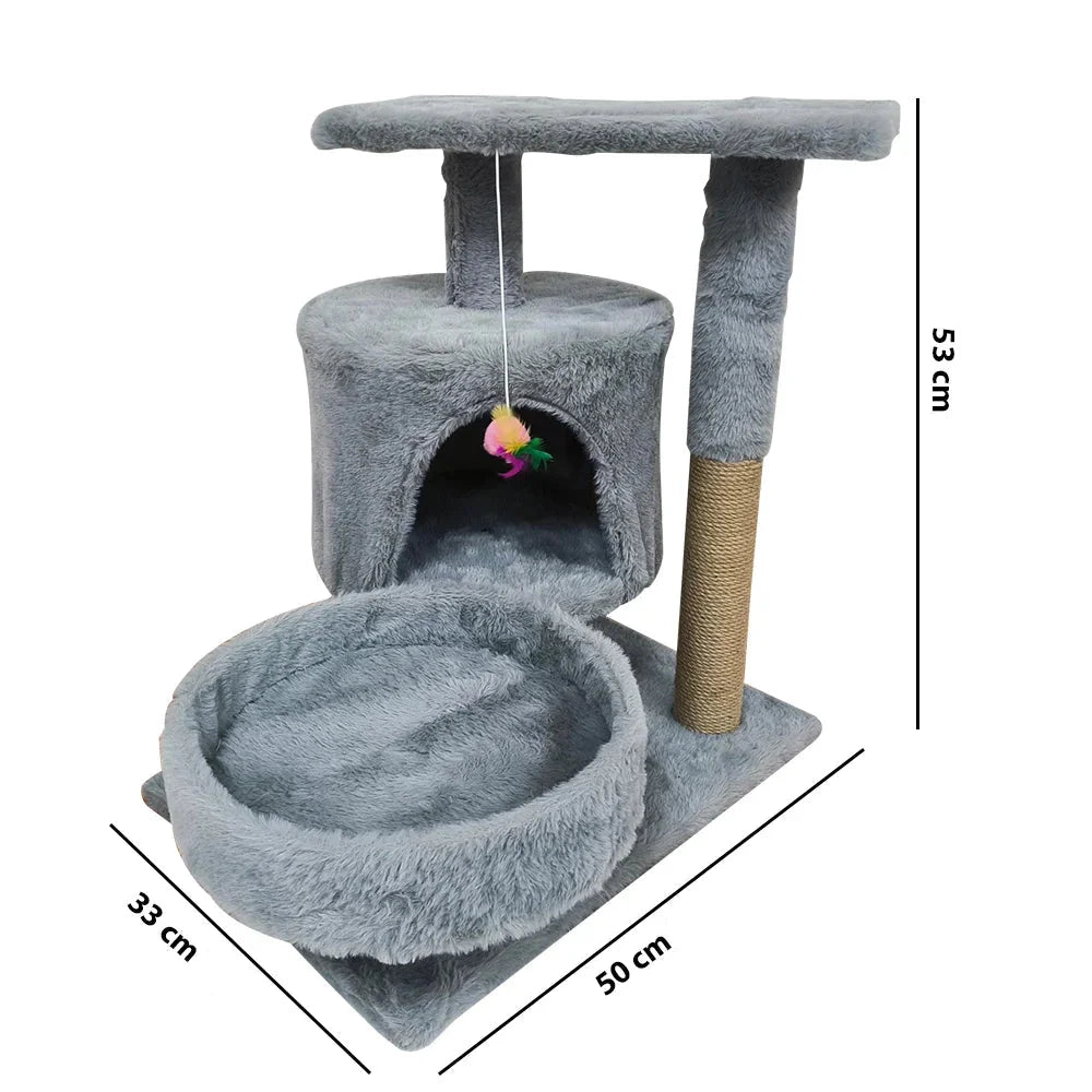 kleiner kratzbaum mit katzenhöhle in grau Größenangabe