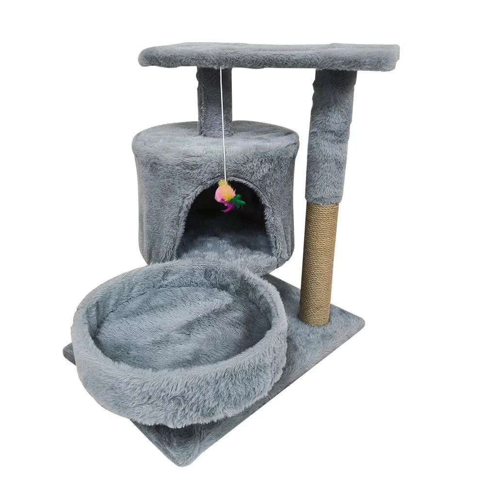 grauer kratzbaum mit höhle und liegefläche